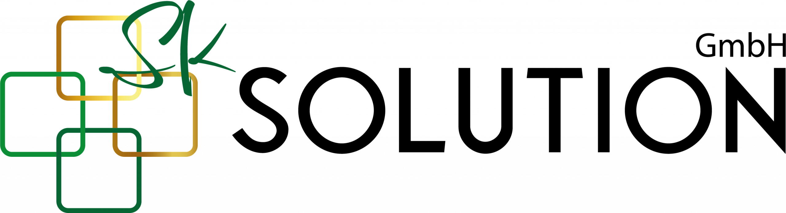 Logo der SK Solution GmbH: Es zeigt vier ineinander verschachtelte, quadratische Umrisse in Grün und Gold, die ein modernes, dynamisches Design bilden. Links oben ist ein stilisiertes „SK“ in grüner Schrift integriert. Rechts daneben steht in großer, schwarzer Schrift das Wort „SOLUTION“, gefolgt von „GmbH“ in kleinerer Schrift.